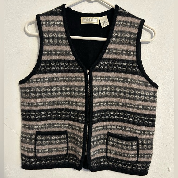 Medium 100% Wool Black and Grey Striped V Neck Sweater Vest Pockets Studio Works - Picture 1 of 5
